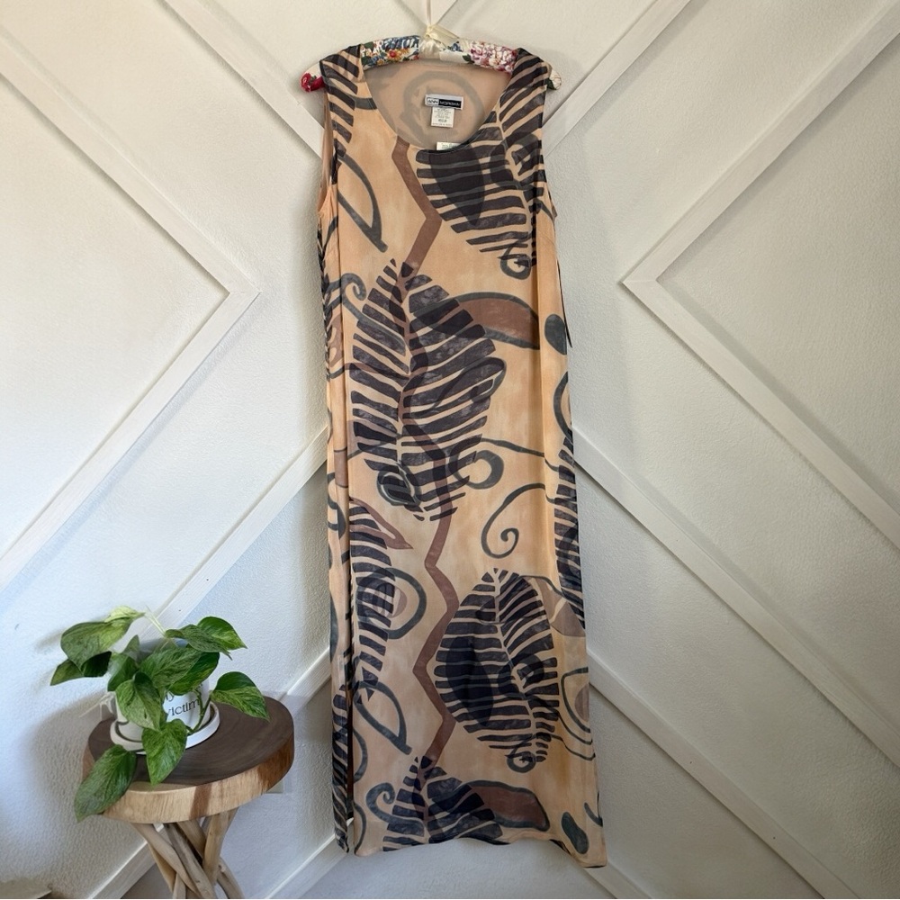 Vintage 90s Maxi Dress Medium Earthy Abstract Neutral Sheer Whimsy Beach Boho
